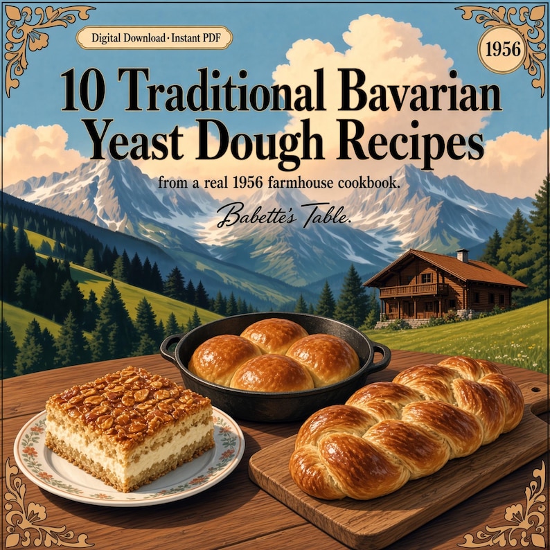May include: A digital download PDF titled 10 Traditional Bavarian Yeast Dough Recipes from a real 1956 farmhouse cookbook by Babette's Table, featuring a square nut cake, a round pan of golden rolls, and a braided loaf on a wooden table.