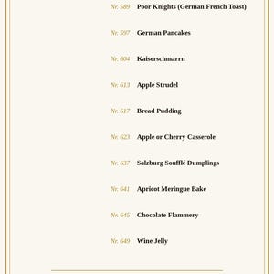 May include: A white document titled Puddings & Strudel, Vol. 11 with a gold border. It lists recipes including Poor Knights, German Pancakes, Kaiserschmarrn, Apple Strudel, Bread Pudding, Apple or Cherry Casserole, Salzburg Souffl&eacute; Dumplings, and more.