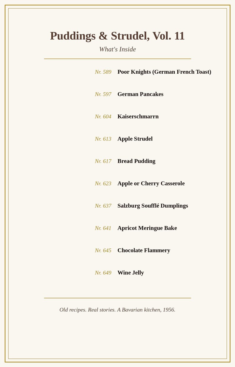 May include: A white document titled Puddings & Strudel, Vol. 11 with a gold border. It lists recipes including Poor Knights, German Pancakes, Kaiserschmarrn, Apple Strudel, Bread Pudding, Apple or Cherry Casserole, Salzburg Souffl&eacute; Dumplings, and more.