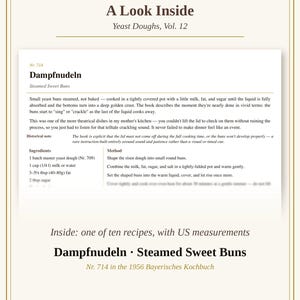 May include: A page from a cookbook titled A Look Inside Yeast Doughs, Vol. 12, featuring the recipe for Dampfnudeln, or Steamed Sweet Buns, Nr. 714. The text includes ingredients, method, and a historical note about cooking in a tightly covered pot.