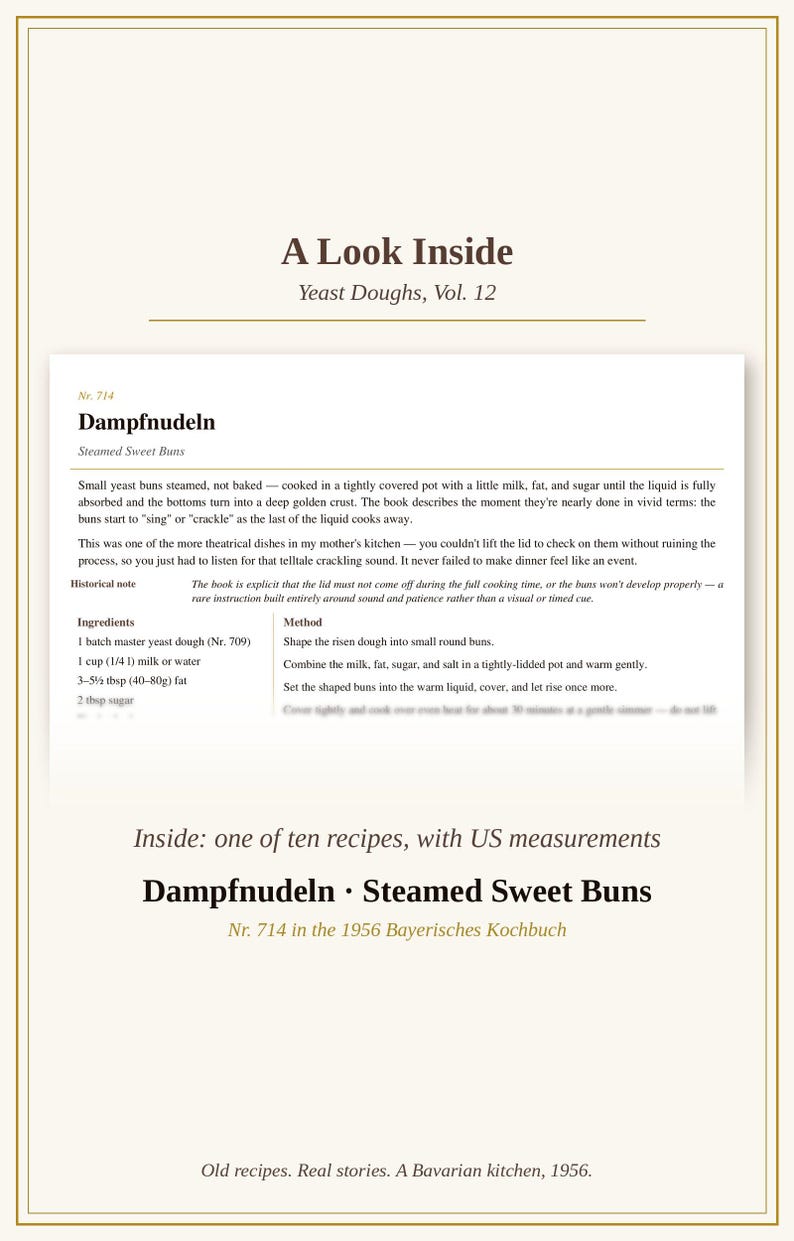 May include: A page from a cookbook titled A Look Inside Yeast Doughs, Vol. 12, featuring the recipe for Dampfnudeln, or Steamed Sweet Buns, Nr. 714. The text includes ingredients, method, and a historical note about cooking in a tightly covered pot.