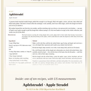 May include: A recipe page titled A Look Inside Puddings & Strudel, Vol. 11 featuring the Apfelstrudel recipe. The text includes ingredients like 250g of flour and 20g of butter, with instructions for hand-stretching strudel dough in a kitchen.