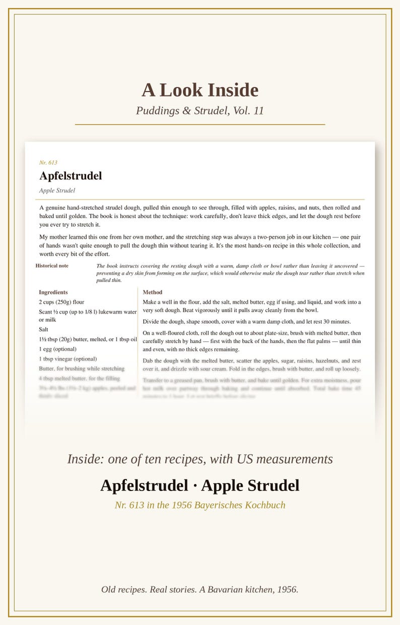 May include: A recipe page titled A Look Inside Puddings & Strudel, Vol. 11 featuring the Apfelstrudel recipe. The text includes ingredients like 250g of flour and 20g of butter, with instructions for hand-stretching strudel dough in a kitchen.