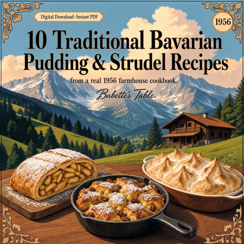 May include: A digital download PDF titled 10 Traditional Bavarian Pudding & Strudel Recipes from a real 1956 farmhouse cookbook by Babette's Table, featuring an illustration of a strudel, a cast iron skillet of pudding, and a meringue dessert.