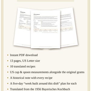 May include: A digital document titled Puddings & Strudel, Vol. 11, featuring 13 pages of 10 translated recipes from the 1956 Bayerisches Kochbuch. Includes US cup and spoon measurements, historical notes, and a five-day meal plan.