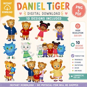 K&ouml;nnte beinhalten: Digitaler Download-Grafik mit Daniel Tiger und seinen Freunden. Das Bild enth&auml;lt 10 Designs von Zeichentrickfiguren in verschiedenen Outfits. Der Text enth&auml;lt "Daniel Tiger", "Digitaler Download" und "10 Designs enthalten".
