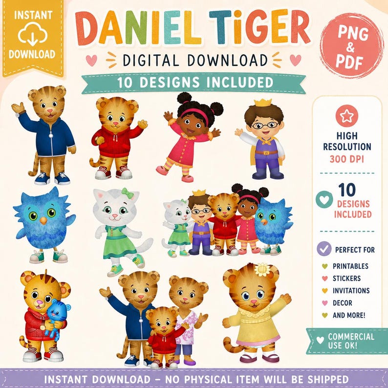 K&ouml;nnte beinhalten: Digitaler Download-Grafik mit Daniel Tiger und seinen Freunden. Das Bild enth&auml;lt 10 Designs von Zeichentrickfiguren in verschiedenen Outfits. Der Text enth&auml;lt "Daniel Tiger", "Digitaler Download" und "10 Designs enthalten".
