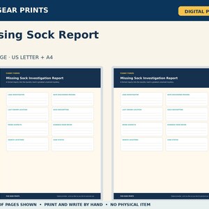 May include: A digital PDF Missing Sock Report form featuring a dark blue header with the text Pun Gear Prints and Missing Sock Report. The document includes fields for lead investigator, date discovered missing, last known location, and sock description.