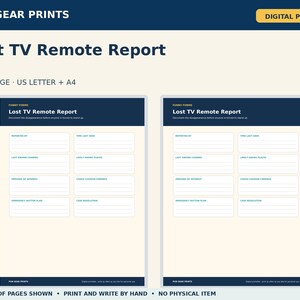 May include: A digital PDF printable titled Lost TV Remote Report by Pun Gear Prints. The document features a dark blue header and white form fields with prompts like Reported By, Time Last Seen, Last Known Channel, and Couch Cushion Findings.