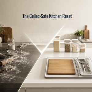 Pode incluir: Uma cena de cozinha com o texto "The Celiac-Safe Kitchen Reset". A imagem mostra uma bancada com ingredientes e utensílios de cozinha. Há frascos de vidro com tampas brancas, uma tábua de cortar de madeira e um recipiente transparente com utensílios.