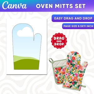 Peut inclure: Un ensemble de maniques avec un motif floral, un dessous de plat assorti et un modèle de conception. Le texte "OVEN MITTS SET", "EASY DRAG AND DROP" et "PAGE SIZE 8.5X11 INCH" sont visibles. Un cercle rouge avec les mots "DRAG AND DROP" est également présent.