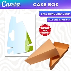 May include: A graphic design for a cake box, with the text "CAKE BOX" and "EASY DRAG AND DROP". The design includes a template and a folded box. The page size is 8.5x11 inches. The Canva logo is in the upper left corner.