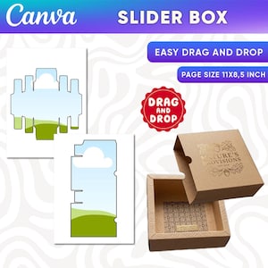 May include: A slider box design with the Canva logo and the text "SLIDER BOX". The image includes a box with the text "NATURE'S PROVISIONS" and the dimensions "PAGE SIZE 11X8,5 INCH". The design also features the words "EASY DRAG AND DROP".