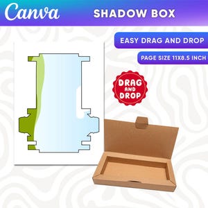 Könnte beinhalten: Eine digitale Vorlage für eine Schattenbox mit hellblauer und grüner Kontur auf weißem Hintergrund, neben einer braunen Karton-Schattenbox mit offenem Deckel. Text umfasst CANVA, SHADOW BOX, EASY DRAG AND DROP, PAGE SIZE 11X8.5 INCH.