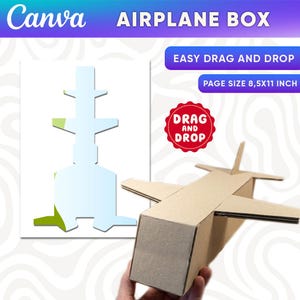 May include: A cardboard airplane box with the text "AIRPLANE BOX" and "EASY DRAG AND DROP". The image also includes a paper cutout of an airplane and a completed cardboard airplane. The page size is 8.5x11 inches.