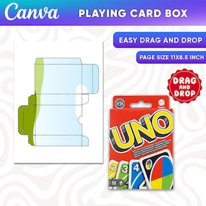 May include: A digital template for a playing card box featuring a light blue and green flat layout on an 11x8.5 inch page, alongside a red Uno card game box with the text UNO, Mattel Games, and a red circular badge stating DRAG AND DROP.