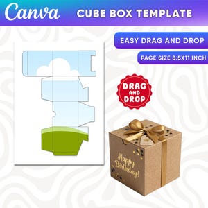 May include: A Canva cube box template on a 21.6x27.9 cm page featuring a blue sky and green grass design. Next to it is a brown cardboard gift box with a gold ribbon, gold star accents, and the text Happy Birthday printed on the side.