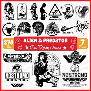 May include: A collection of black and white vector graphics featuring Alien and Predator themes. The set includes character portraits, creature silhouettes, warning signs, and logos with text like Nostromo, Weyland-Yutani, and Just Burst It.