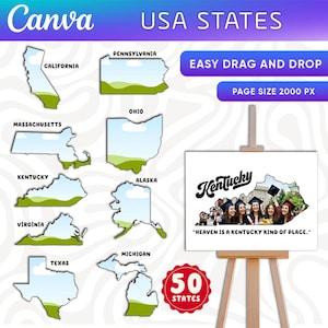 May include: A graphic design featuring the USA states, with outlines and names of states like California, Kentucky, and Texas. The design includes the text "USA STATES", "Easy Drag and Drop", and "Page Size 2000 PX". A canvas displays "Kentucky" with a photo and the quote "Heaven is a Kentucky kind of place."