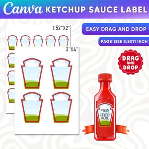 Puede incluir: Una hoja de etiquetas de salsa de ketchup con un diseño rojo y blanco, y una botella de ketchup roja con una etiqueta que dice "YOUR DESIGN HERE". Las etiquetas miden 3,86 cm x 5,08 cm y 7,62 cm x 10,16 cm. El tamaño de la página es de 21,59 cm x 27,94 cm.