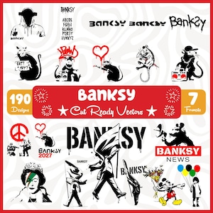 Puede incluir: Una colección digital de 190 diseños vectoriales inspirados en Banksy con arte de estarcido en blanco y negro, ratas, figuras de protesta e imágenes icónicas. El gráfico incluye texto como Banksy, Cut Ready Vectors y Banksy News.