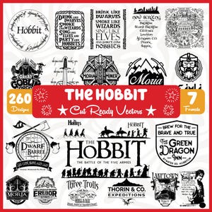 Puede incluir: Una colección de diseños vectoriales en blanco y negro con temas de El Hobbit, que incluyen textos como Drink Like Dwarves, Moria, The Green Dragon Inn y Thorin & Co. Expeditions, junto con varias ilustraciones de personajes y símbolos.