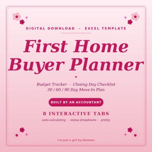Può includere: Modello Excel scaricabile digitalmente "First Home Buyer Planner" in un design rosa e bianco. Include un budget tracker, una checklist del giorno di chiusura e un piano di trasloco 30/60/90 giorni. Dispone di 8 schede interattive ed è realizzato da un commercialista.