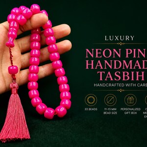 Neon Pink German Amber Prayer Beads Tasbih, Islamic Misbaha, Handmade Muslim Rosary (11x13mm)