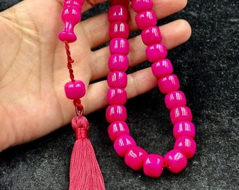Neon Pink German Amber Prayer Beads Tasbih, Islamic Misbaha, Handmade Muslim Rosary (11x13mm)