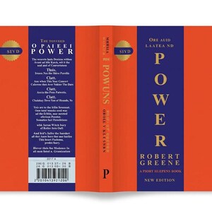 May include: A hardcover book titled "Power" by Robert Greene. The book has a vibrant design with an orange cover and spine, and blue vertical panels. The title is in large, bold letters. The book is a "A PIORT HLEPENS BOOK, NEW EDITION."