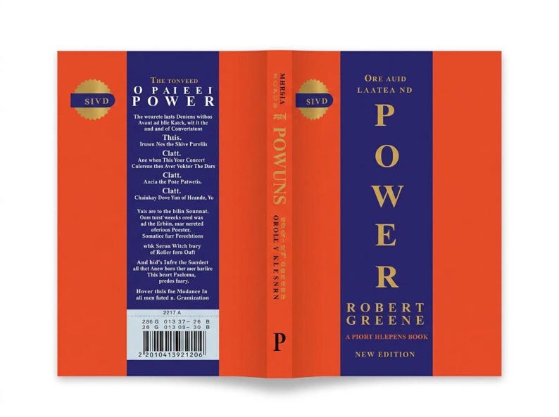 May include: A hardcover book titled "Power" by Robert Greene. The book has a vibrant design with an orange cover and spine, and blue vertical panels. The title is in large, bold letters. The book is a "A PIORT HLEPENS BOOK, NEW EDITION."