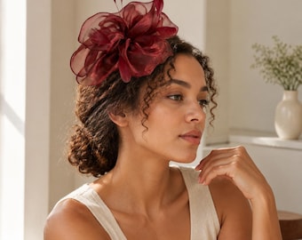 Wine Red Fascinator Hat, Layered Floral Burgundy Style | Kentucky Derby, Weddings, Tea Party Headpiece