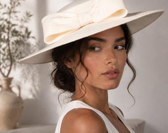 Wide Brim Bow Hat, Ivory Flat-Top Elegant Hat, Kentucky Derby Church Wedding Guest Party