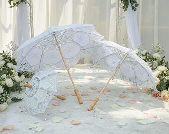 Guarda-sol artesanal de renda branca | Guarda-chuva vintage para casamento | Adereço para cosplay e ensaios fotográficos