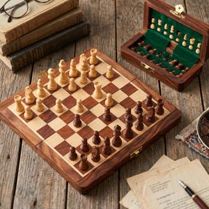 May include: A wooden folding chess set with light and dark brown squares. The board features carved light and dark brown wooden chess pieces arranged in a game. A matching open wooden storage box with green felt lining holds additional pieces.