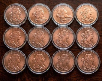 Ensemble de 12 pièces de monnaie historiques, répliques de grands cents à buste drapé, 1796-1807