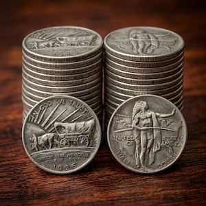May include: Two stacks of silver-colored coins with two individual coins placed in front. The left coin and stack feature a covered wagon, the text IN GOD WE TRUST, OREGON TRAIL MEMORIAL, and 1926. The right coin and stack show a standing figure, UNITED STATES OF AMERICA, and HALF DOLLAR.