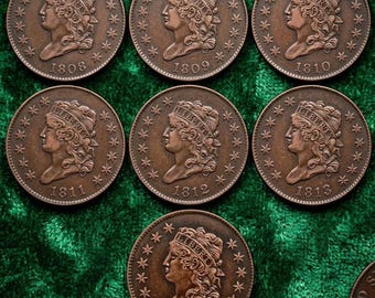 Collection complète de 7 pièces de 1 cent américain (1808-1814)