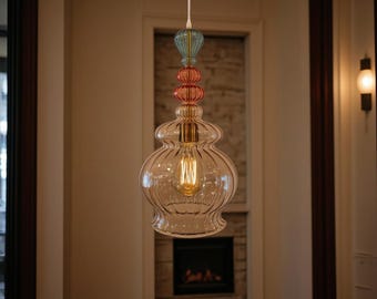 Clear Ribbed Blown Glass Pendant Light Modern Hanging Lamp for Kitchen Island Handmade Ceiling light Fixture Customizable Lighting