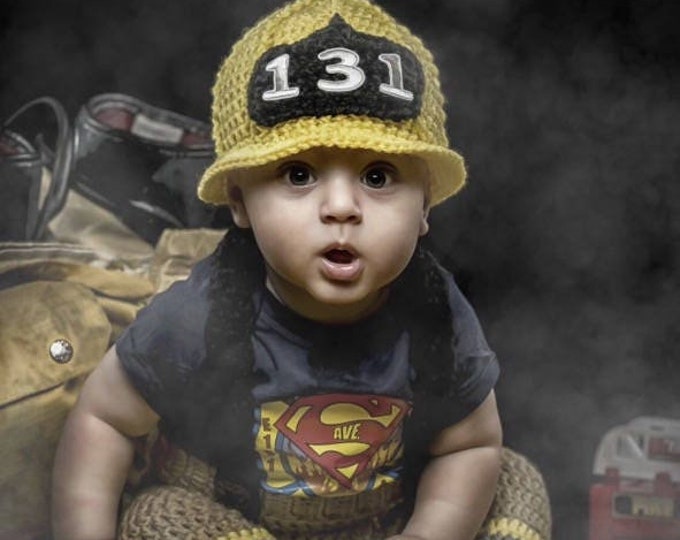 Featured listing image: Baby Boy Firefighter Fireman Hat Outfit - Crochet Pant Set - Newborn Firefighter - Newborn Fireman Hat