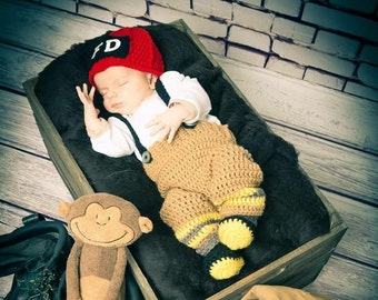 Baby Boy Firefighter Fireman Hat Crochet Outfit 4pc Crochet Pant Set w/Suspenders & Boots Newborn Photo Prop
