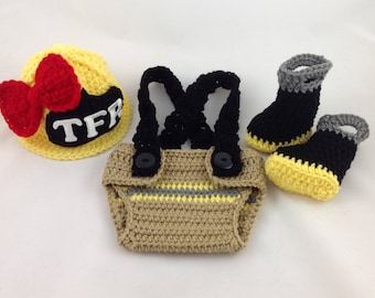Baby Girl Firefighter Outfit 4pc Diaper Cover Set w/Susp and Boots - Newborn Firefighter Outfit