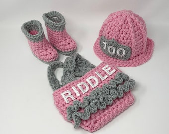Baby Girl Firefighter Fireman Outfit 4pc Crochet Diaper Cover Set w/Susp & Boots - Newborn - Photo Prop