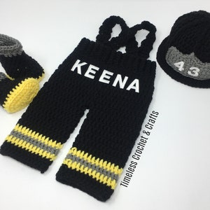 Baby Boy Firefighter Fireman Black Hat Crochet Outfit 4 PC Crochet Pant Set w/Susp and Boots - Newborn Firefighter Outfit