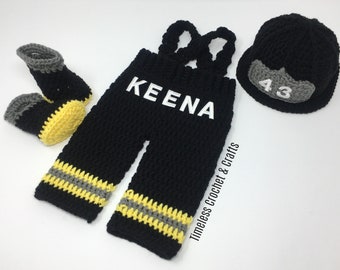 Baby Boy Firefighter Fireman Black Hat Crochet Outfit 4 PC Crochet Pant Set w/Susp and Boots - Newborn Firefighter Outfit