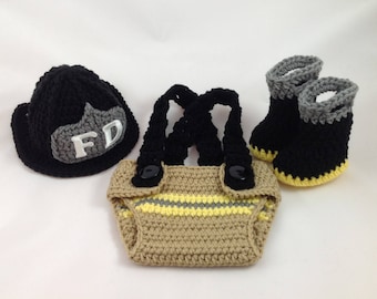 Baby Boy Firefighter Fireman Black Hat Crochet Outfit 4pc Crochet Diaper Cover Set w/Susp and Boots - Newborn Firefighter Outfit