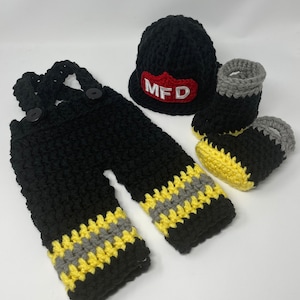 Baby Boy Firefighter Fireman Hat Outfit 4pc Crochet Pant Set w/Susp and Boots - Newborn Firefighter Outfit