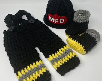 Baby Boy Firefighter Fireman Hat Outfit 4pc Crochet Pant Set w/Susp and Boots - Newborn Firefighter Outfit