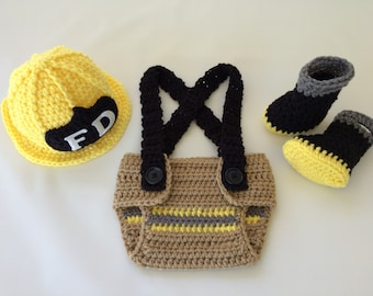 Baby Boy Firefighter Fireman Yellow Helmet Outfit 4pc Crochet Diaper Cover Set w/Suspenders & Boots - Photo Prop