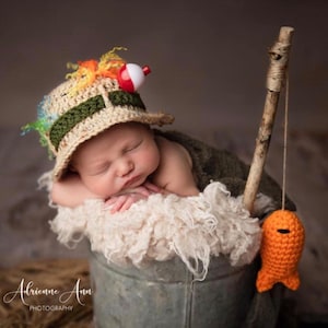 Baby Fishing Fisherman Hat w/Fish - Newborn Fishing Hat - Fisherman Hat - Fishing Hat - Newborn Boy Hat - Newborn Girl Hat - Infant Fishing
